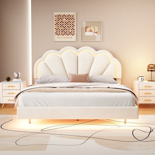 Queen Upholstered Smart LED Bed Frame with Elegant Flowers Headboard, Beige