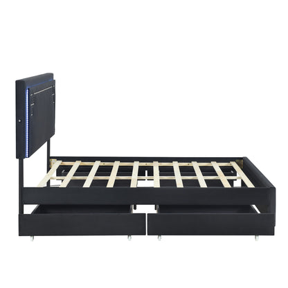 Upholstered Platform Bed with Rivet-decorated Headboard, LED bed frame and 4 Drawers, Black