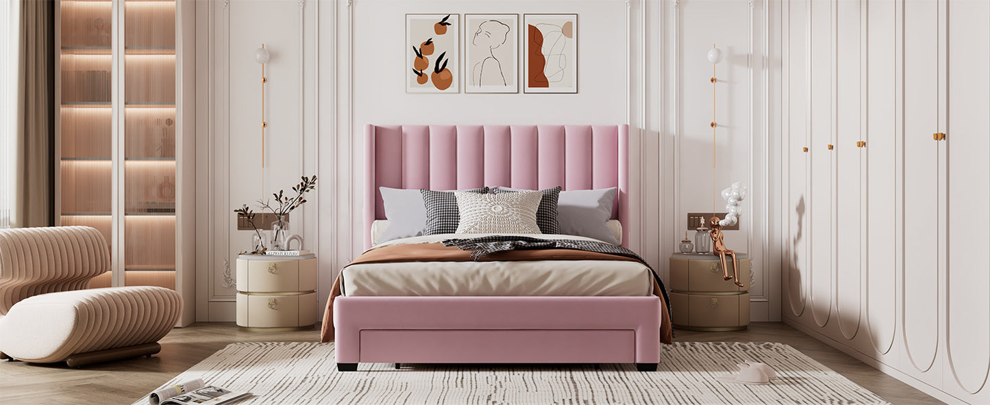 velvet upholstered platform bed with a big drawer - pink