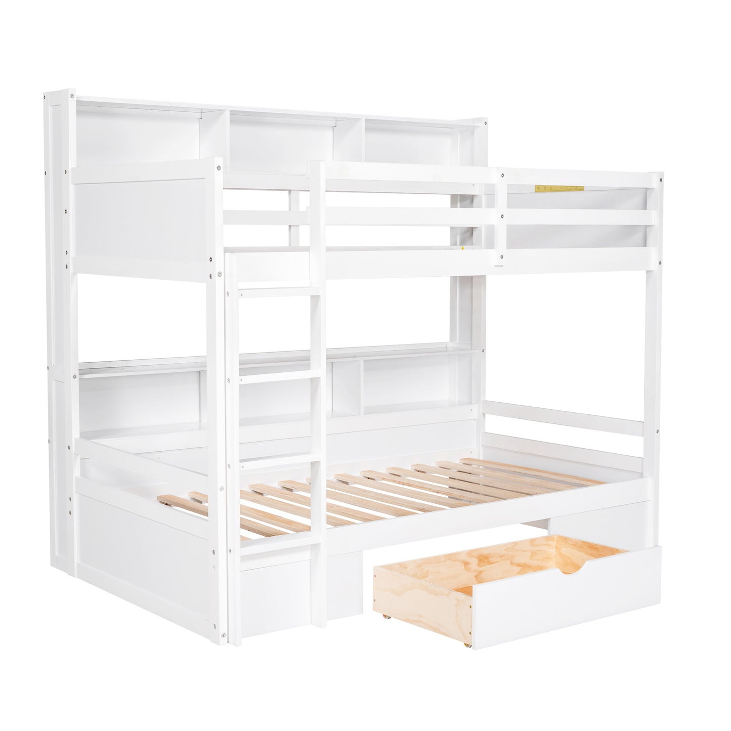 twin size bunk bed with built-in shelves, white