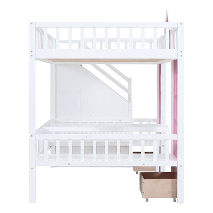 Full-Over-Full Bunk Bed with Changeable Table, Pink