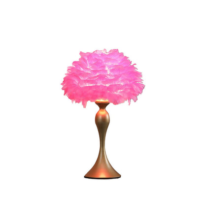 18.25"In Hot Pink Feather Aquina Satin Gold Metal Contour Glam Table Lamp