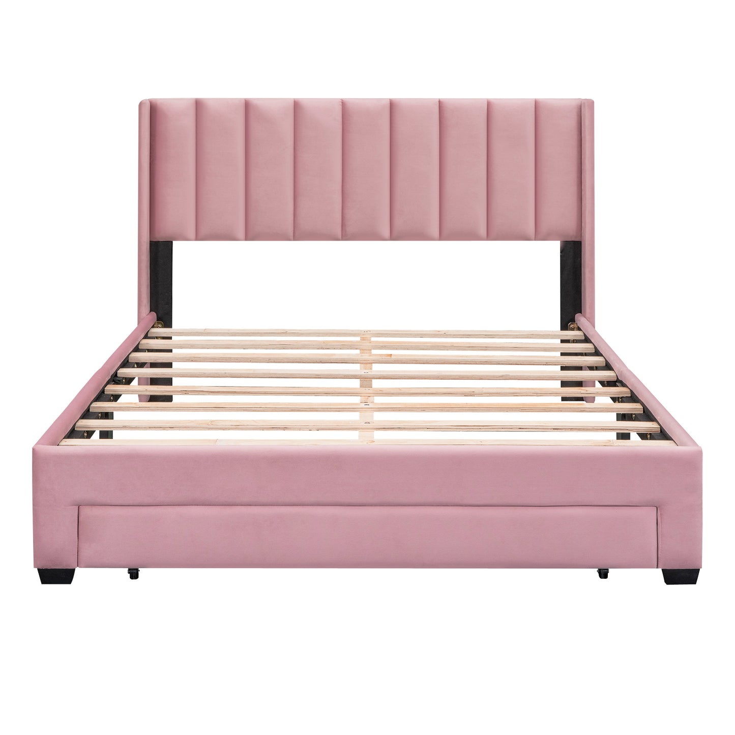 velvet upholstered platform bed with a big drawer