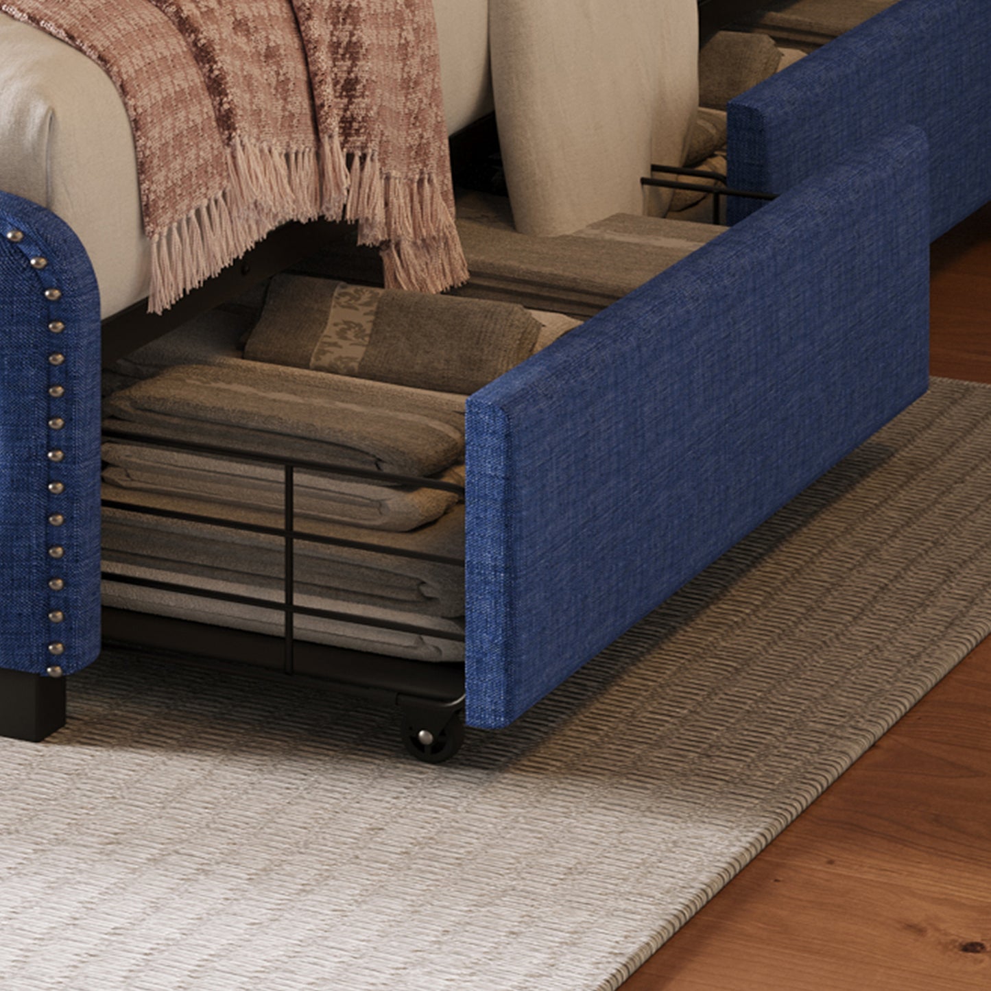 upholstered platform bed frame with four drawers, blue