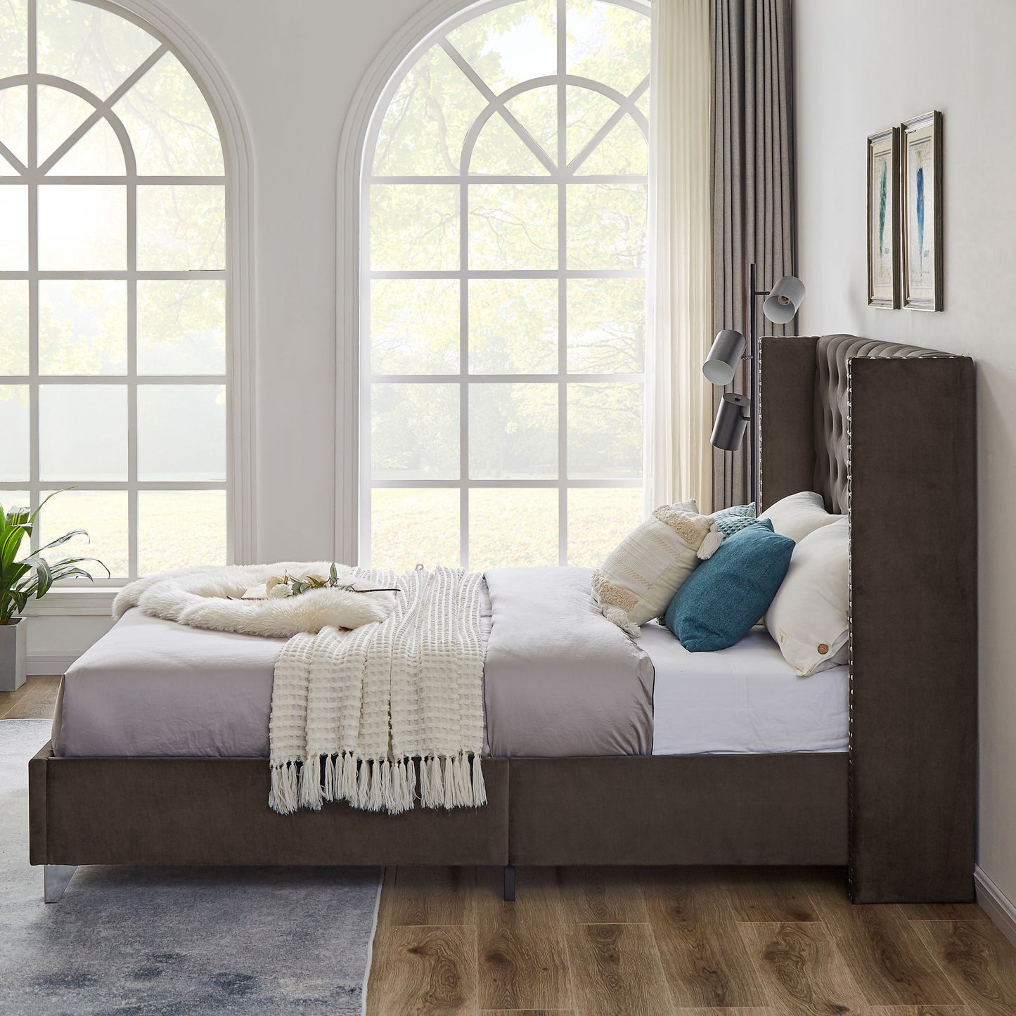ashley brown upholstered bed  + metal legs with electroplate