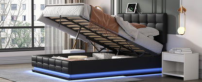 Tufted Upholstered Platform Bed with Hydraulic Storage System, LED Lights, and USB charger, Black