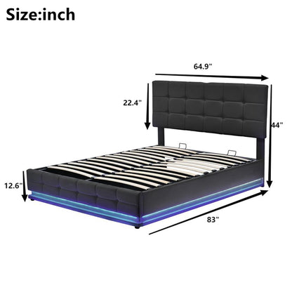 Tufted Upholstered Platform Bed with Hydraulic Storage System, LED Lights, and USB charger, Black