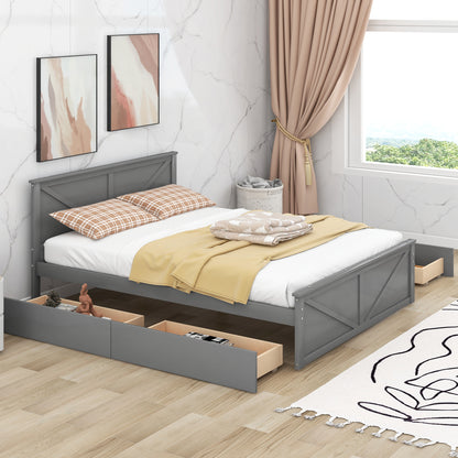 Country Wooden Platform Bed with Four Storage Drawers
