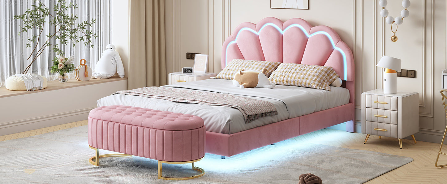 upholstered led platform bed with storage ottoman