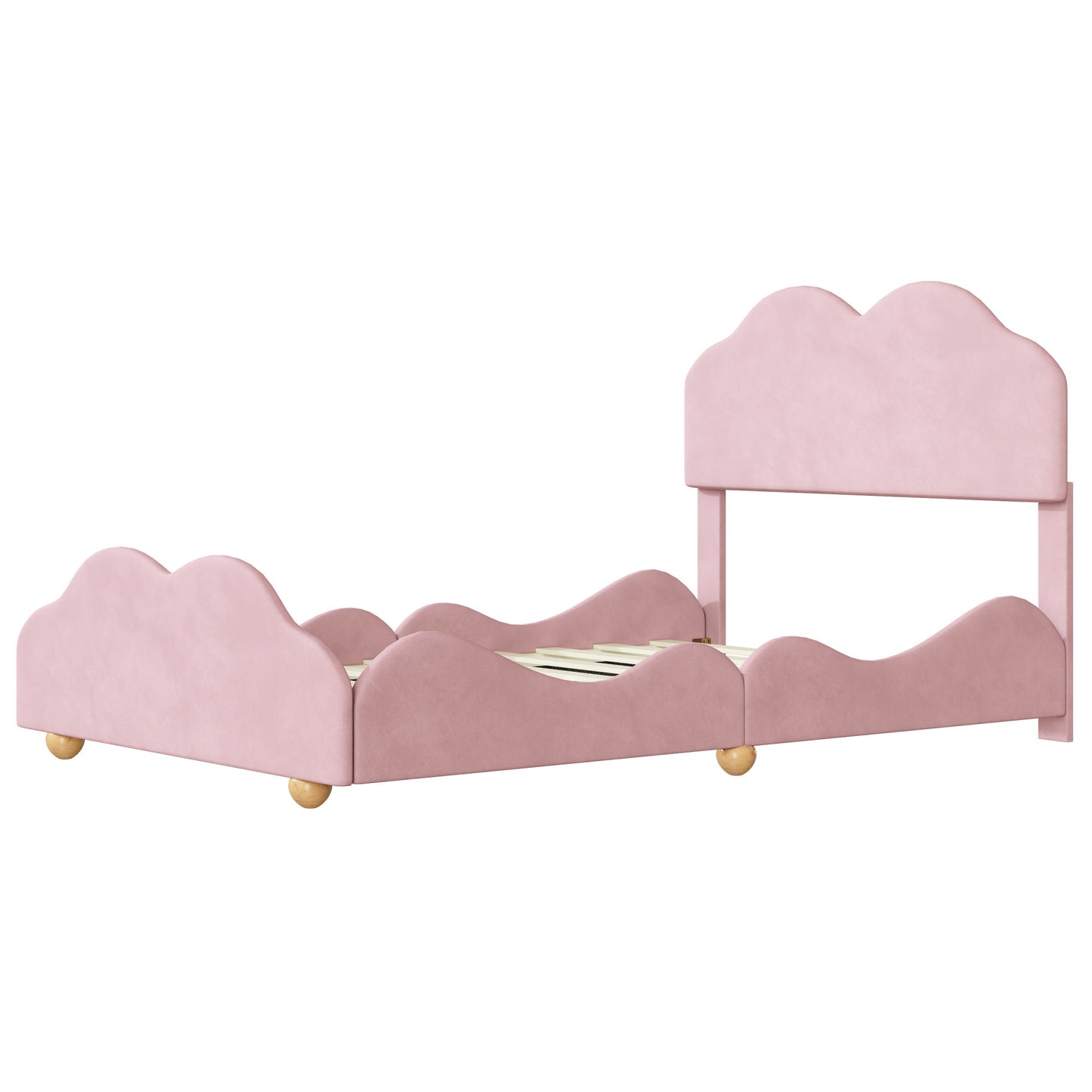 upholstered bed with cloud shaped bed board, light pink