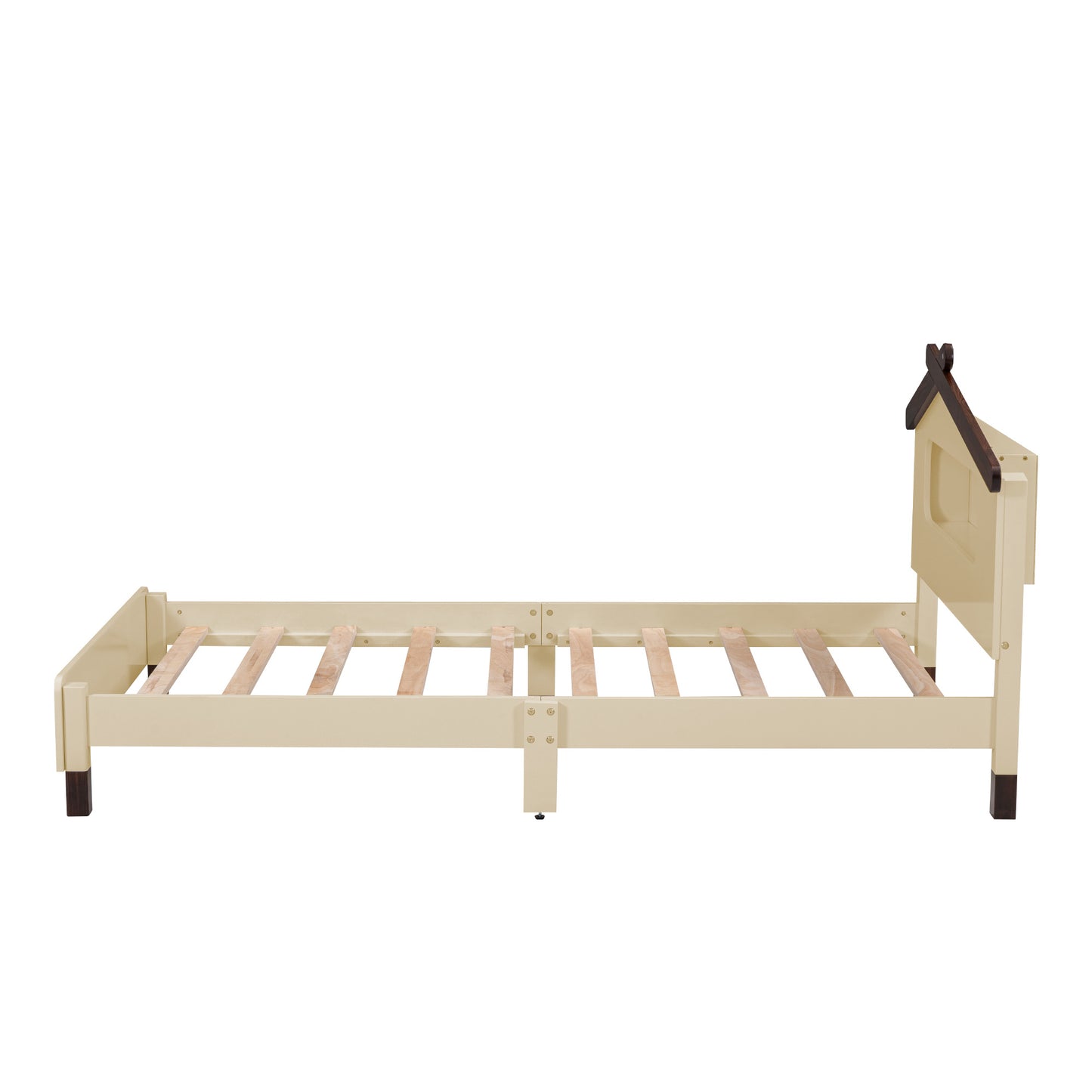 wood platform bed with house-shaped headboard and motion activated night lights, cream+walnut
