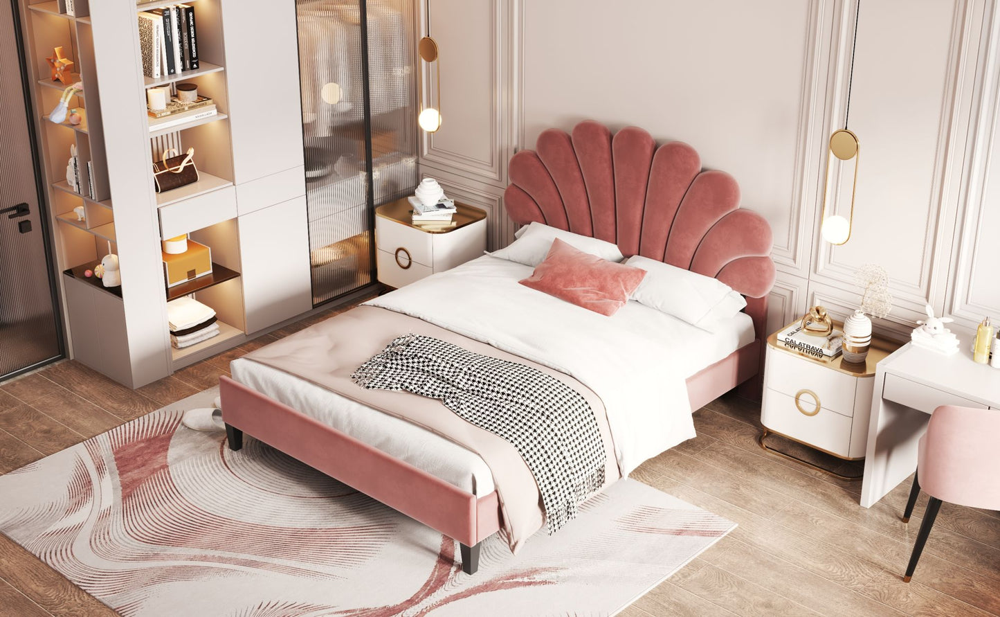 upholstered bed with flower pattern velvet headboard,