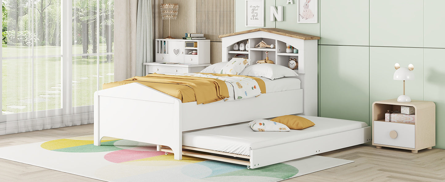 house-shaped bed with storage headboard and trundle, white
