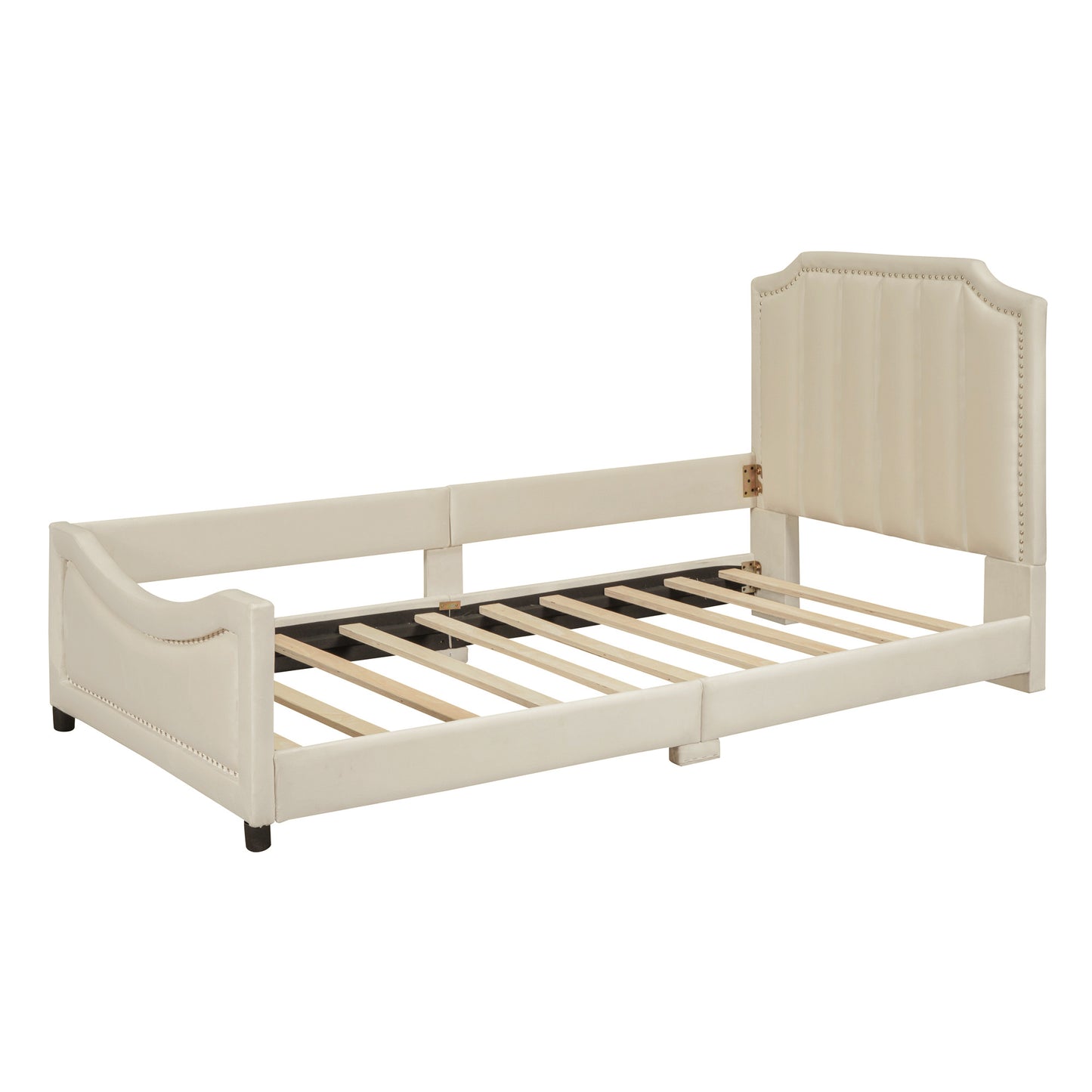 maya upholstered bed with classic stripe shaped headboard, beige