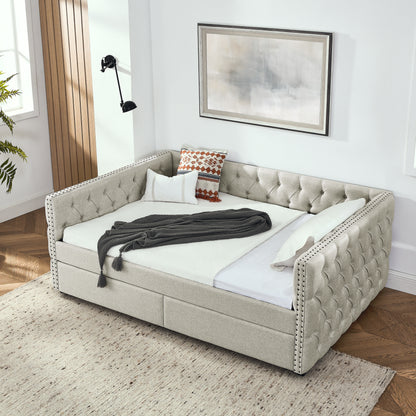 Upholstered Full Size Bed with Two Drawers, Beige