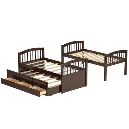 Twin over Twin Wood Bunk Bed with Trundle and Drawers,White