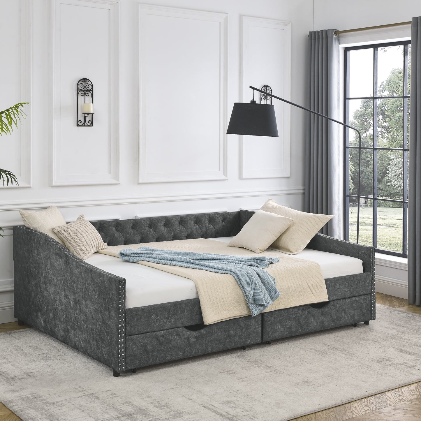 upholstered tufted daybed sofa bed with drawers, grey