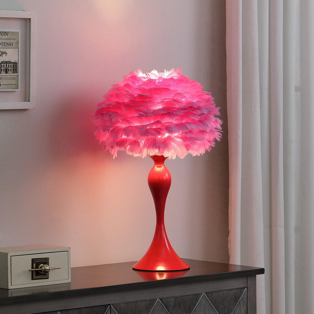 18.25"in medium pink feather aquina glaze red metal contour glam table lamp