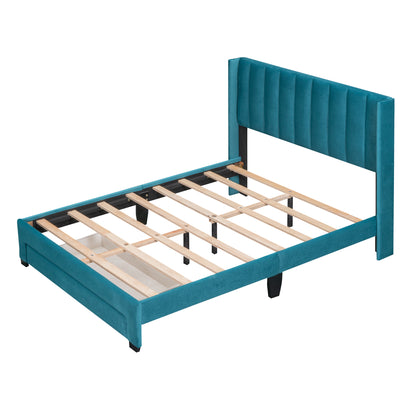 Danny Velvet Upholstered Platform Bed with a Big Drawer - Blue