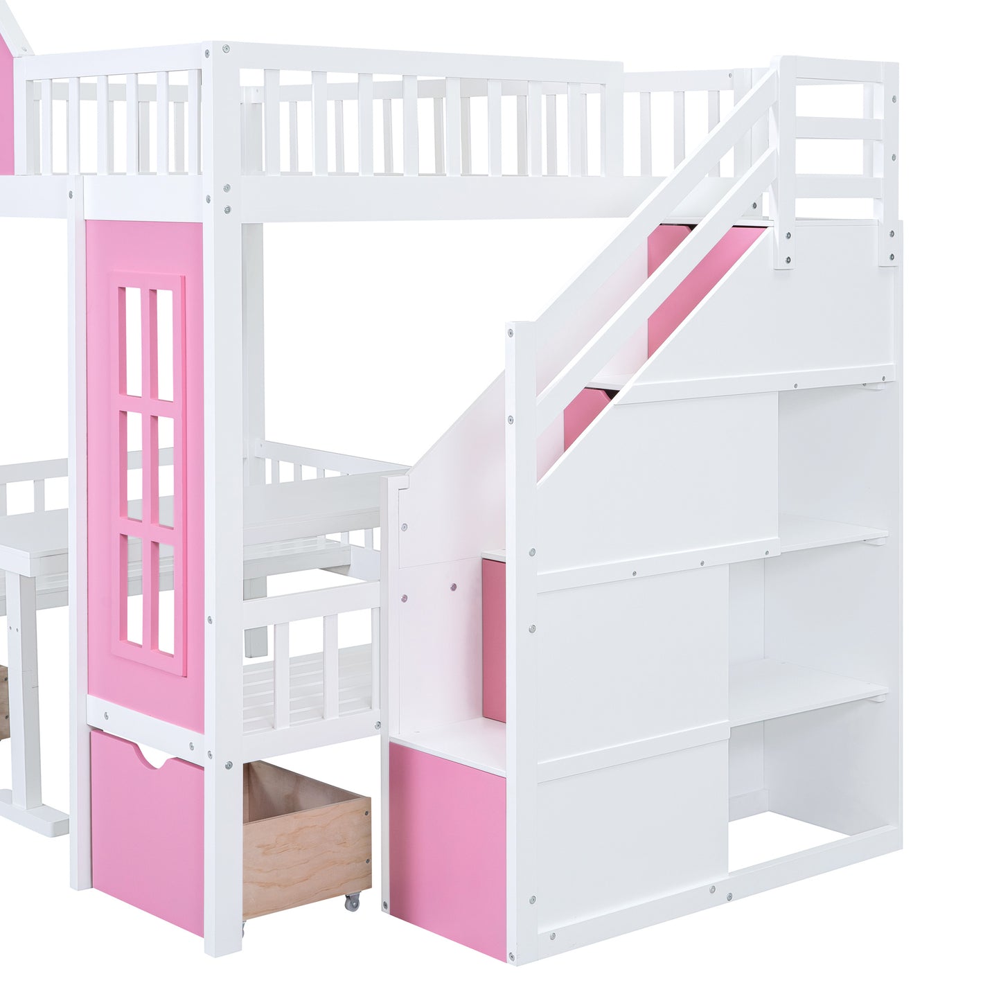 full-over-full bunk bed with changeable table, pink