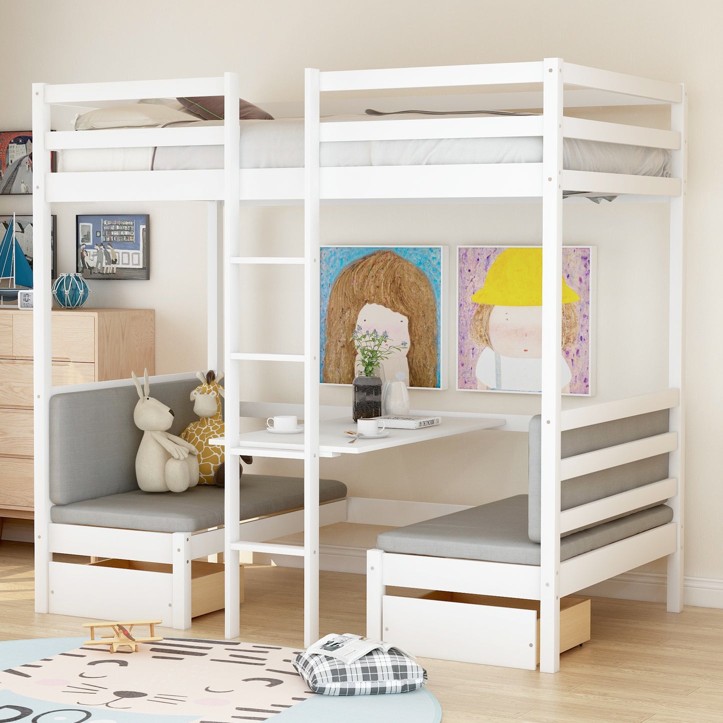 functional loft bed twin size,white