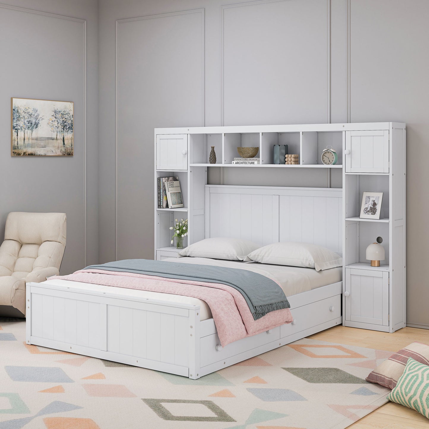 elegant and functional bed with 4 drawers and all-in-one cabinet and shelf, white