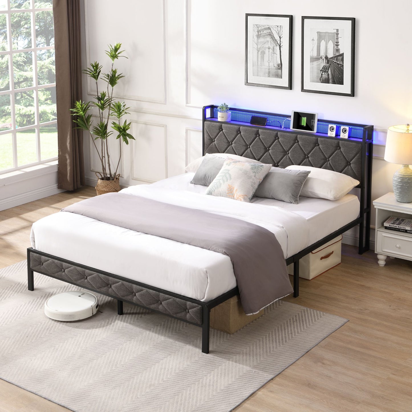 queen bed frame with storage headboard, charging station and led lights,dark gray