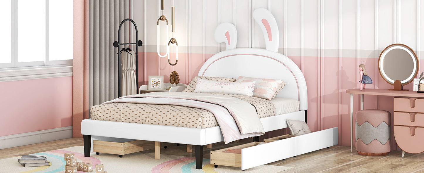 upholstered leather  bed with rabbit ornament and 4 drawers, white