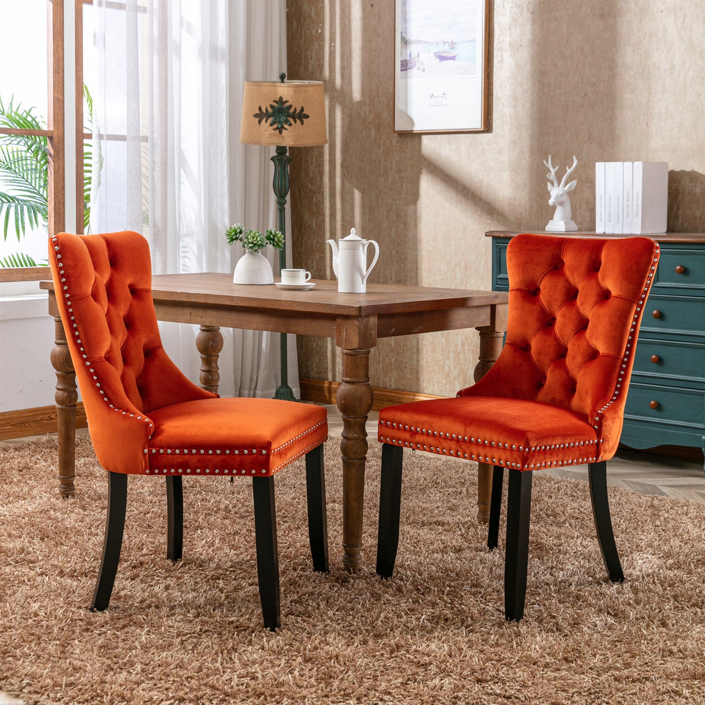 high-end tufted upholstered dining chairs, 2-pcs set orange