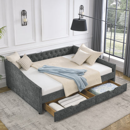 Upholstered Tufted Daybed Sofa bed with Drawers, Grey