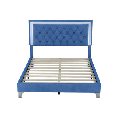 Upholstered Bed Frame with LED Lights, Blue