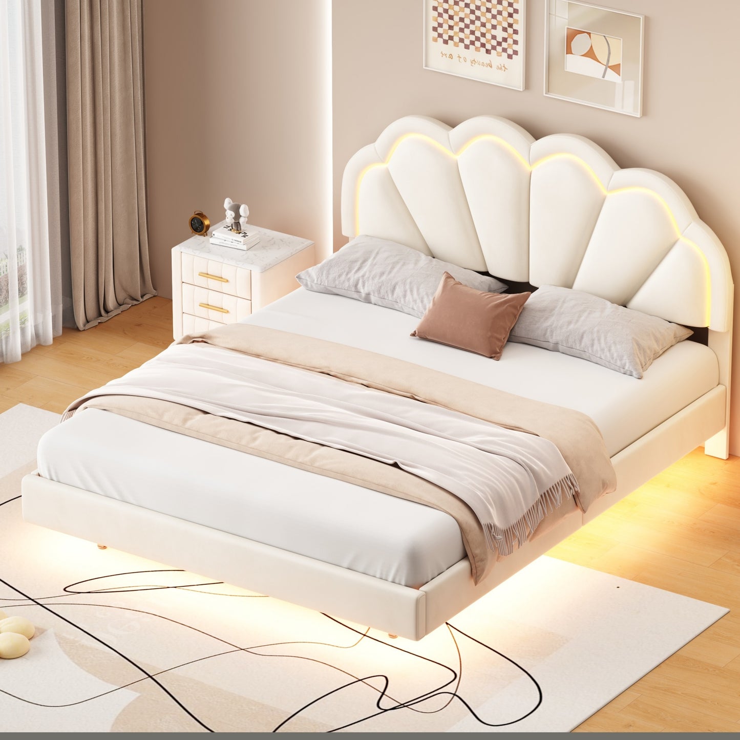 floating velvet elegant smart led platform bed