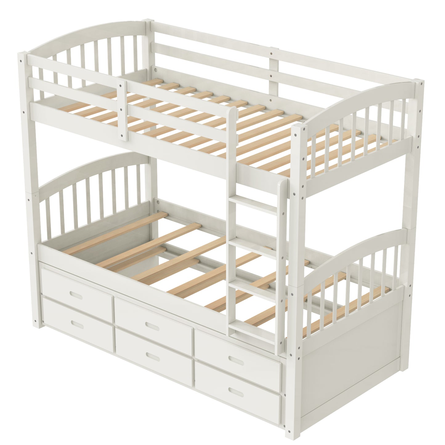 twin over twin wood bunk bed with trundle and drawers,white