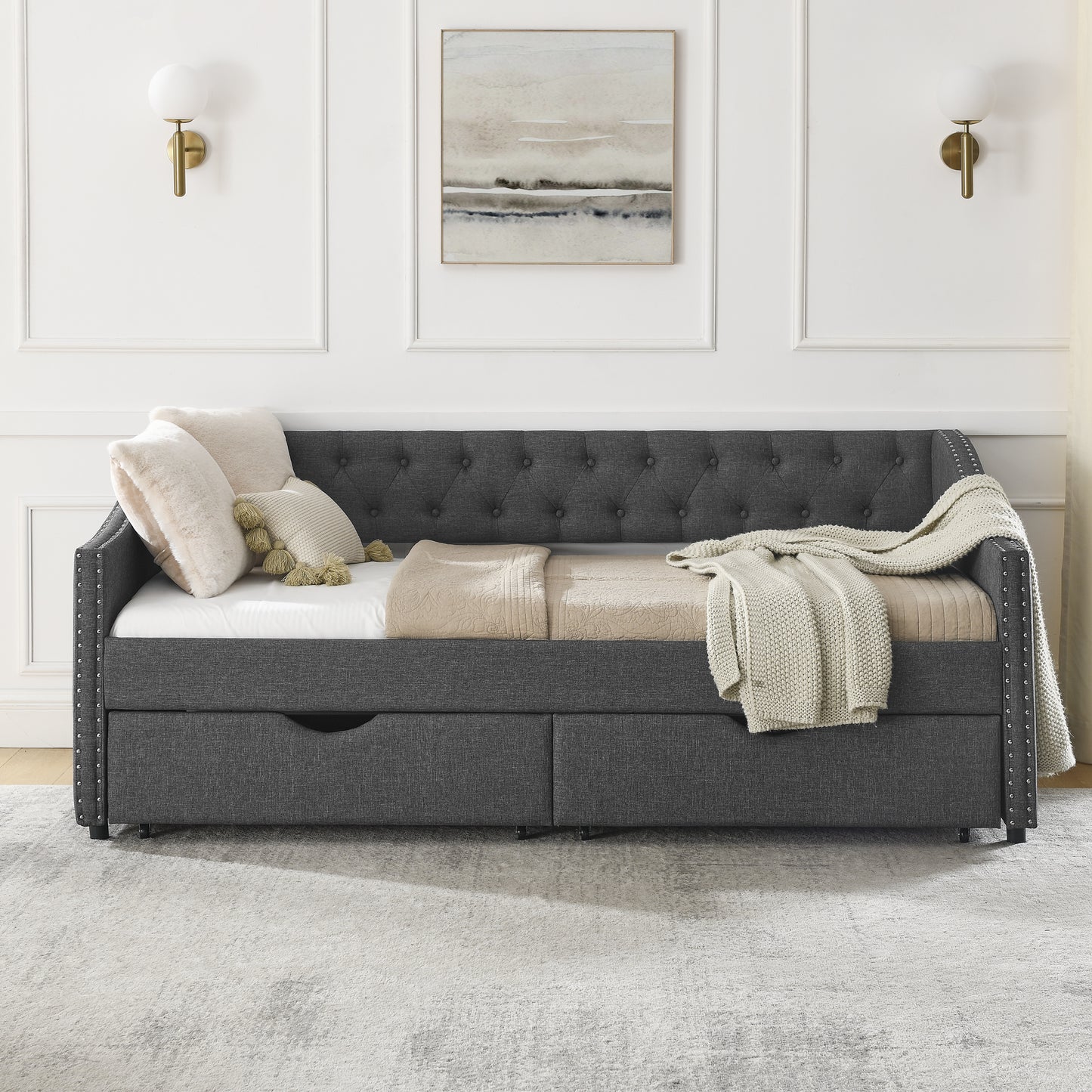 upholstered tufted sofa bed with drawers in grey