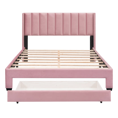 Velvet Upholstered Platform Bed with a Big Drawer - Pink