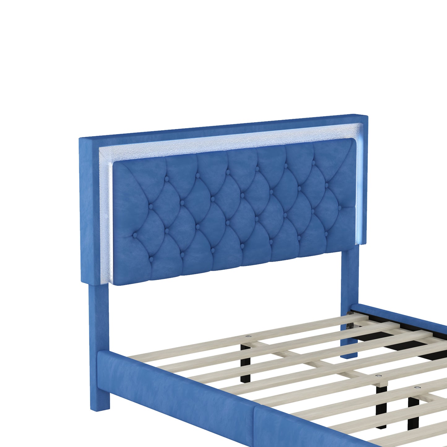 upholstered bed frame with led lights, blue
