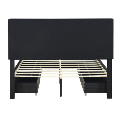 Upholstered Platform Bed with Rivet-decorated Headboard, LED bed frame and 4 Drawers, Black