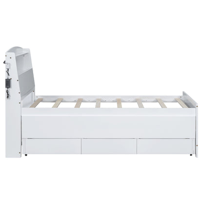 Platform Bed with Storage LED Headboard, Twin Size Trundle and 3 Drawers, White