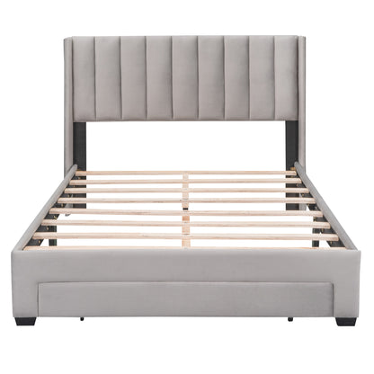 Danny Velvet Upholstered Platform Bed with a Big Drawer - Gray