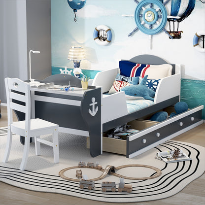 Boat-Shaped Platform Bed with Two Drawers, Desk and Chair, White+Gray