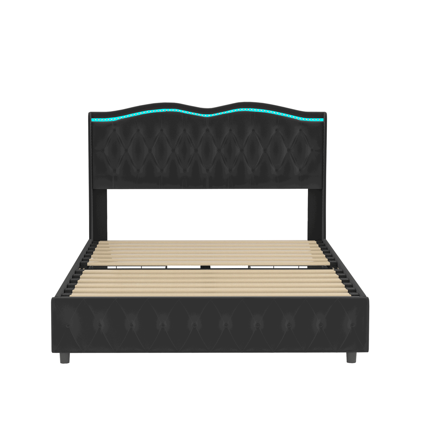 velvet upholstered bed with adjustable colorful led light decorative headboard & storage 4 drawers, black