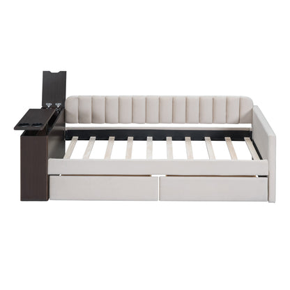 Upholstered Multi-functional Daybed with Cup Holder and a set of USB Ports and Sockets, Beige