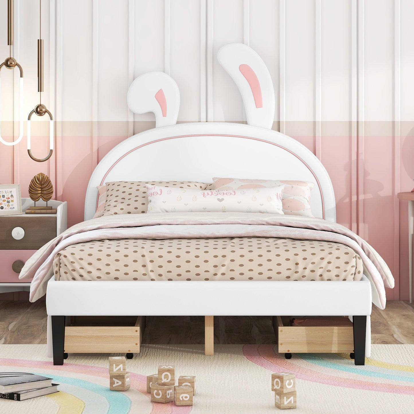 upholstered leather  bed with rabbit ornament and 4 drawers, white