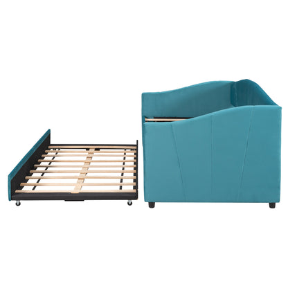 Upholstered Daybed with Trundle Bed and Wood Slat ; Blue