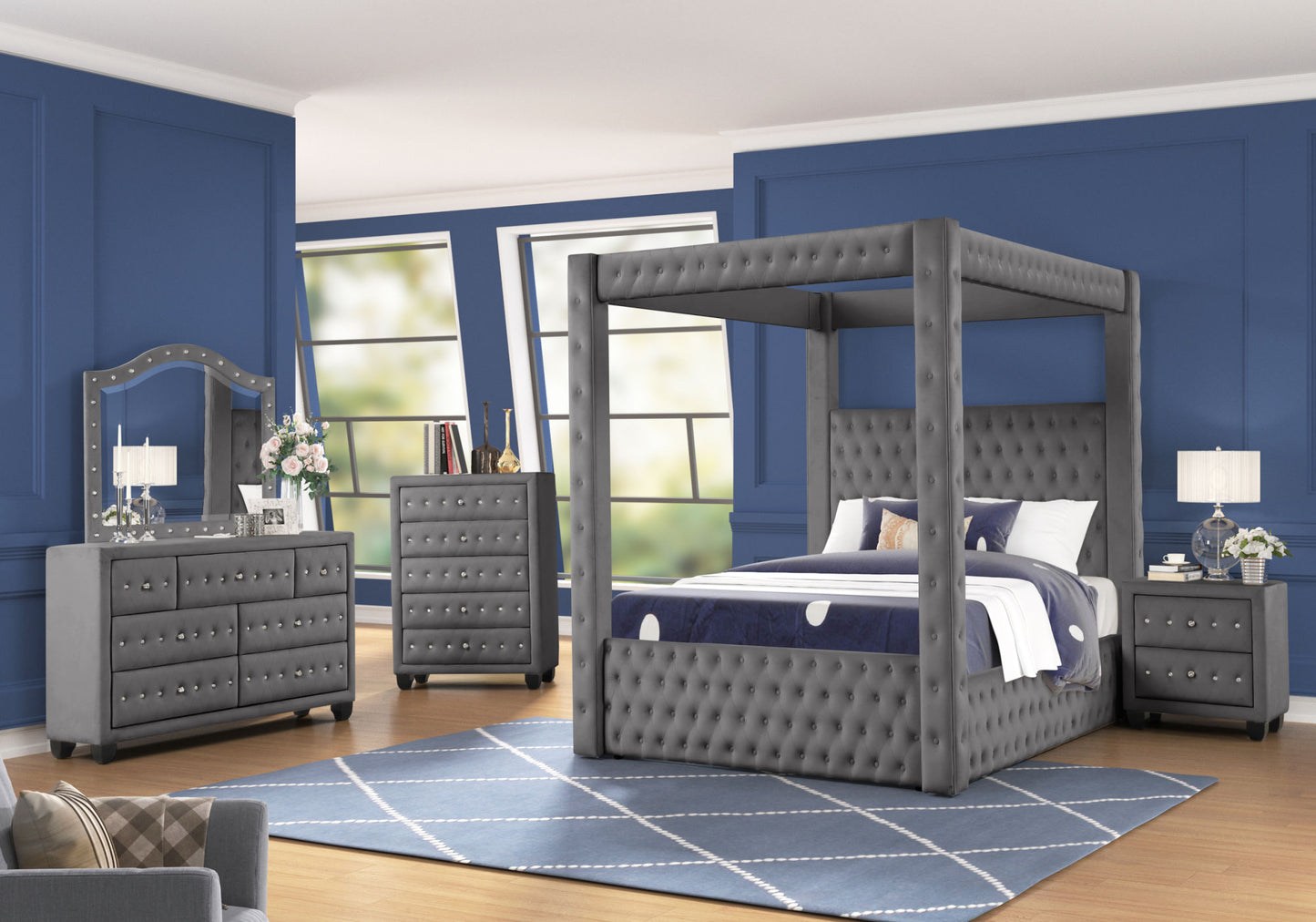 monica luxurious four-poster full bed made with wood in gray