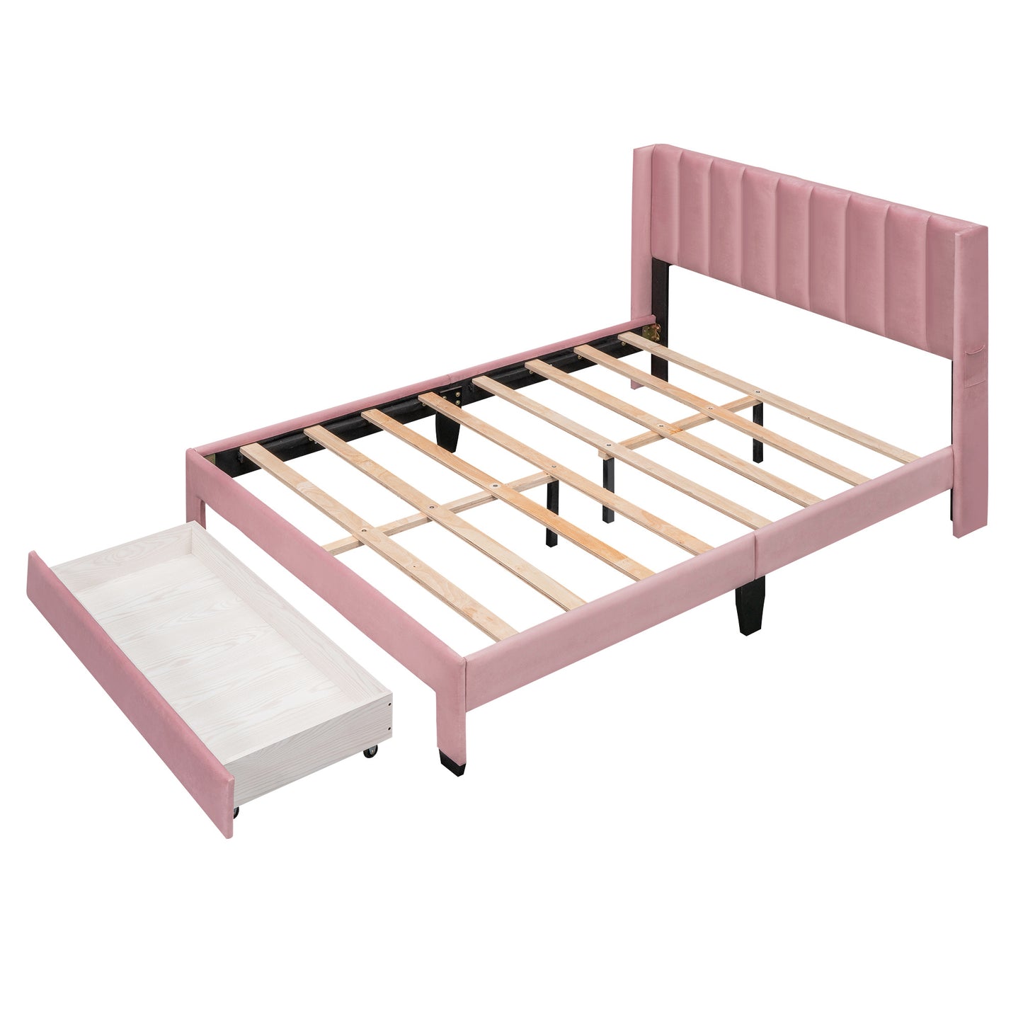 velvet upholstered platform bed with a big drawer