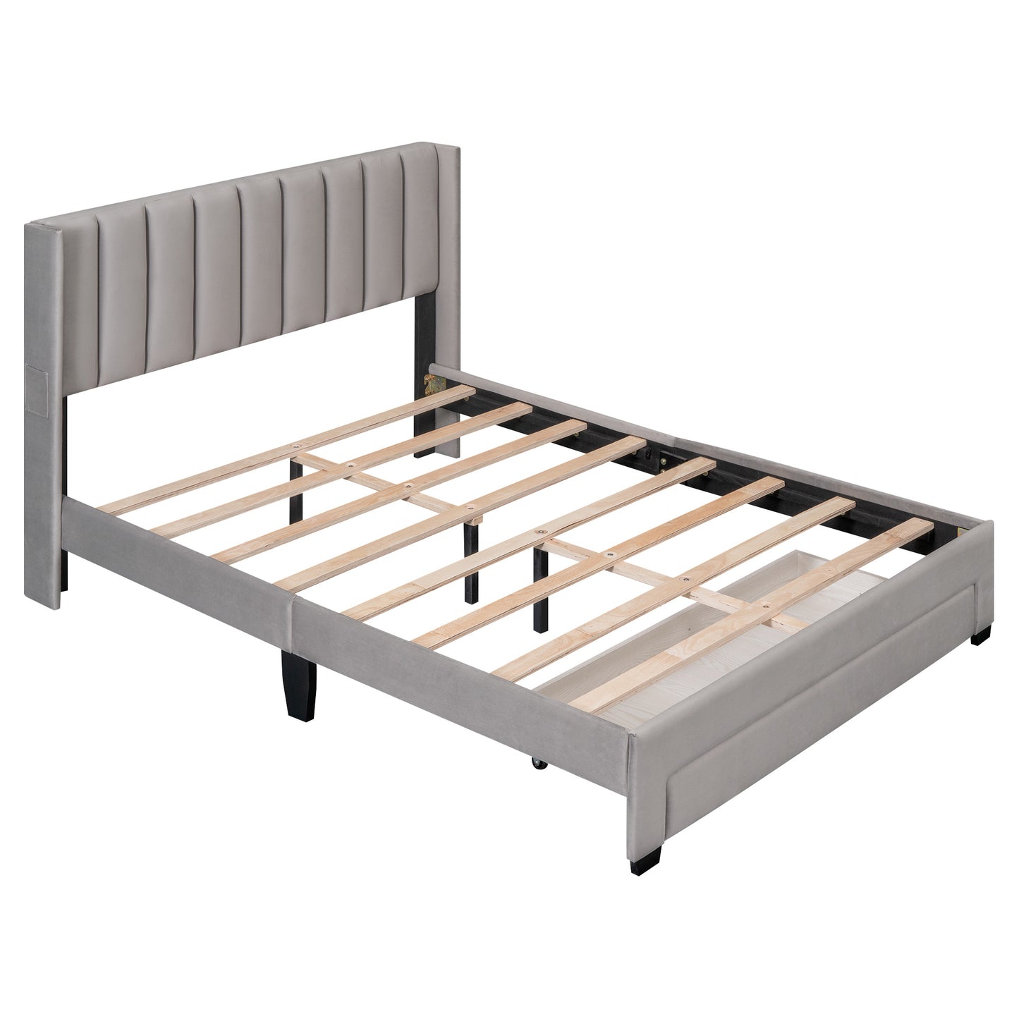 velvet upholstered platform bed with a big drawer - gray