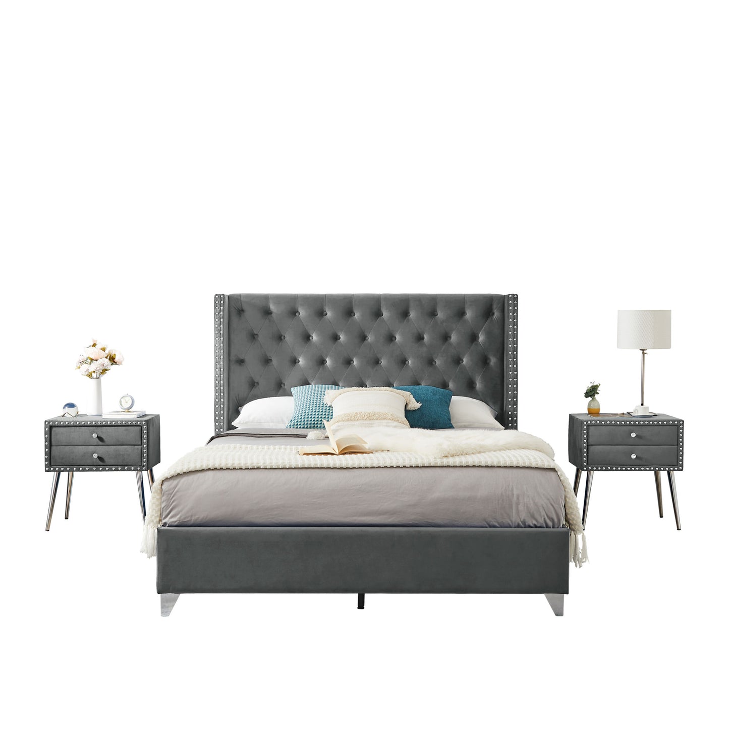 toni queen bed with two nightstands, + metal legs with electroplate #2