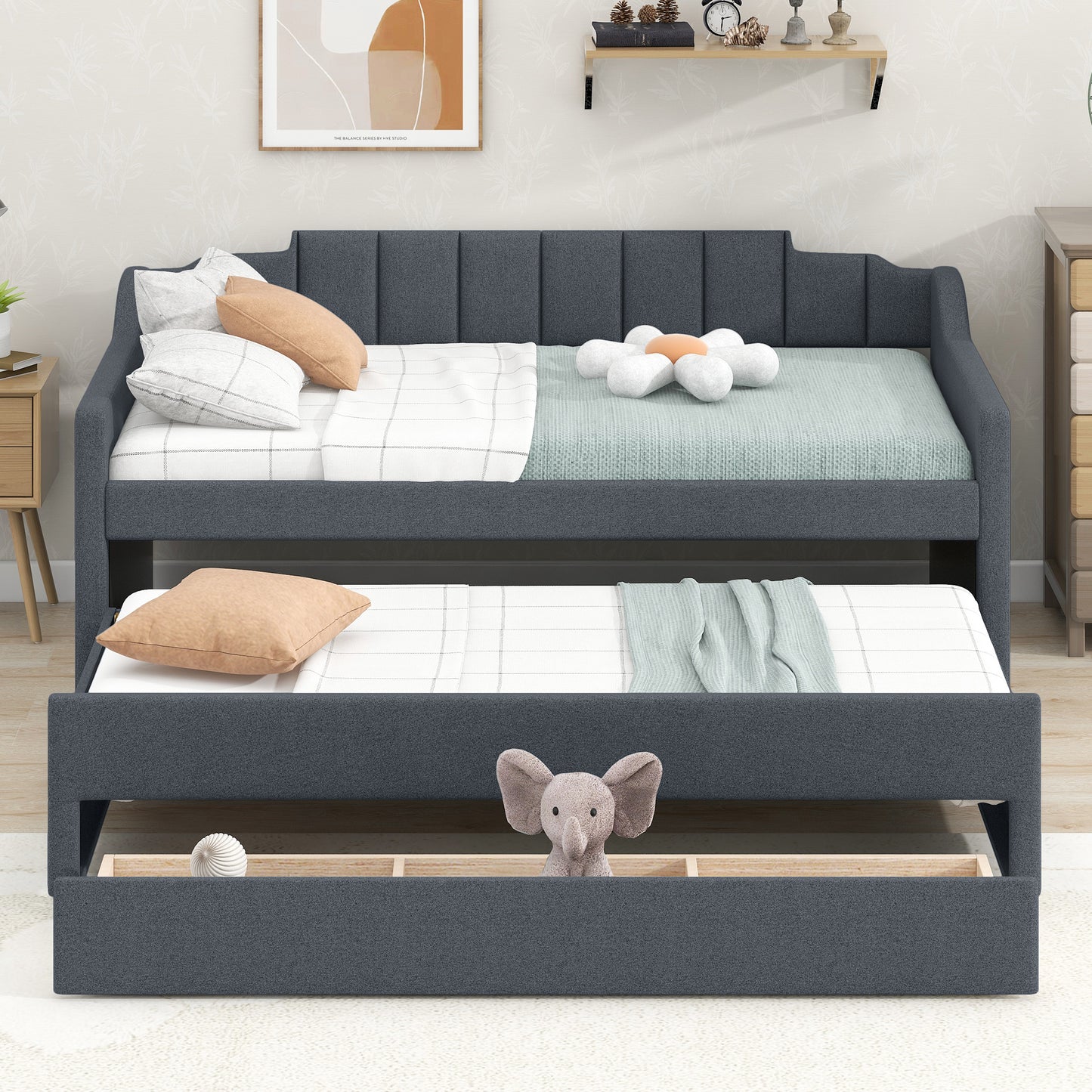 upholstered bed with trundle and three drawers, grey