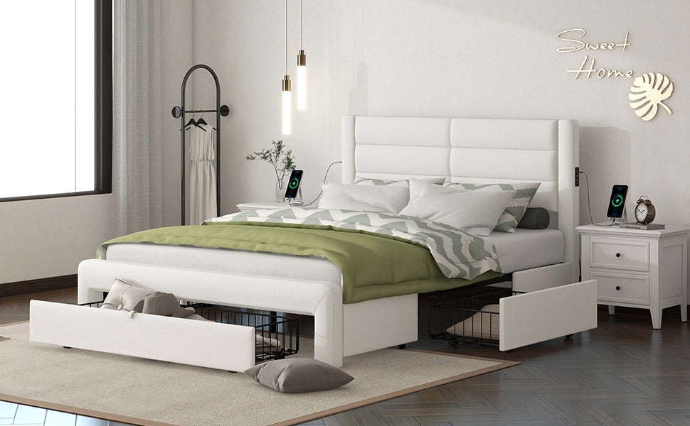 leather upholstered platform bed with drawer storage & charging station, white